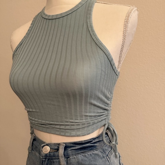 Blue High Neck Ribbed Draw String Ruched Sides Size Small - Picture 5 of 5